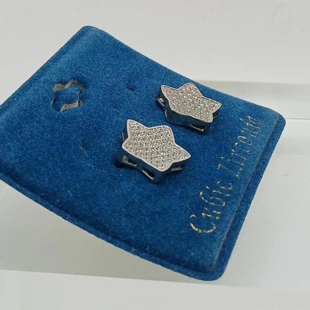 Vintage 1990s Silver Tone Cubic Zirconia Star Stud Micro Pave Earrings Deadstock